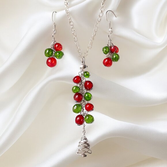 Jewelry - Silver Necklace & Earrings Set w/ Red & Green Crystals – Christmas Holiday Jewel